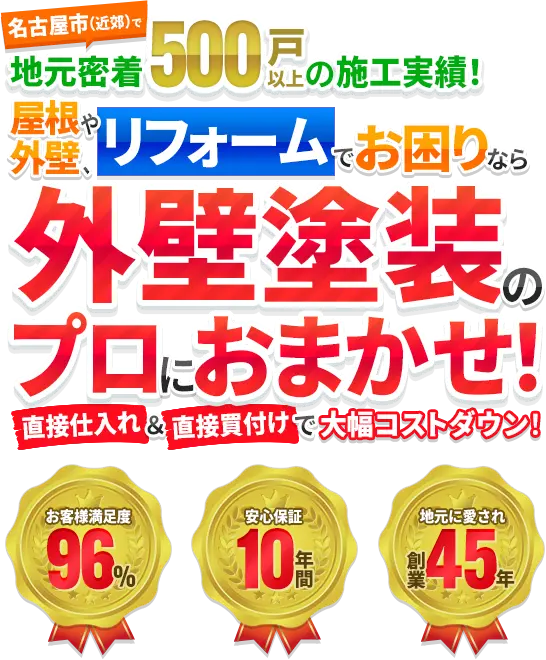 名古屋市(近郊)で地元密着500戸以上の施工実績! 屋根や外壁でお困りなら外壁塗装のプロにおまかせ!直接仕入れ＆直接買付けで大幅コストダウン!
